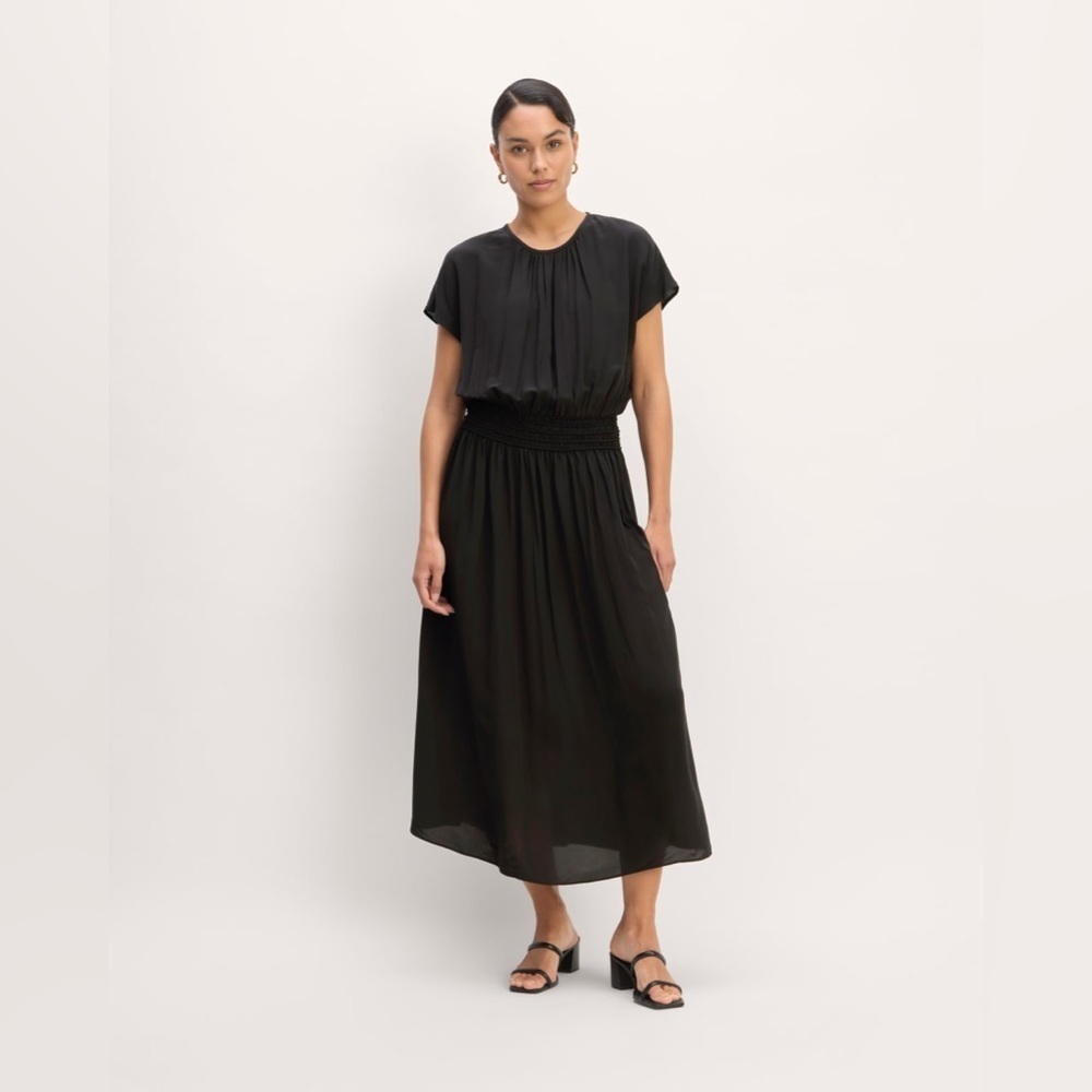 Everlane The Gathered Midi Dress Black Smocked Waist Capsule Staple Gown Size S
